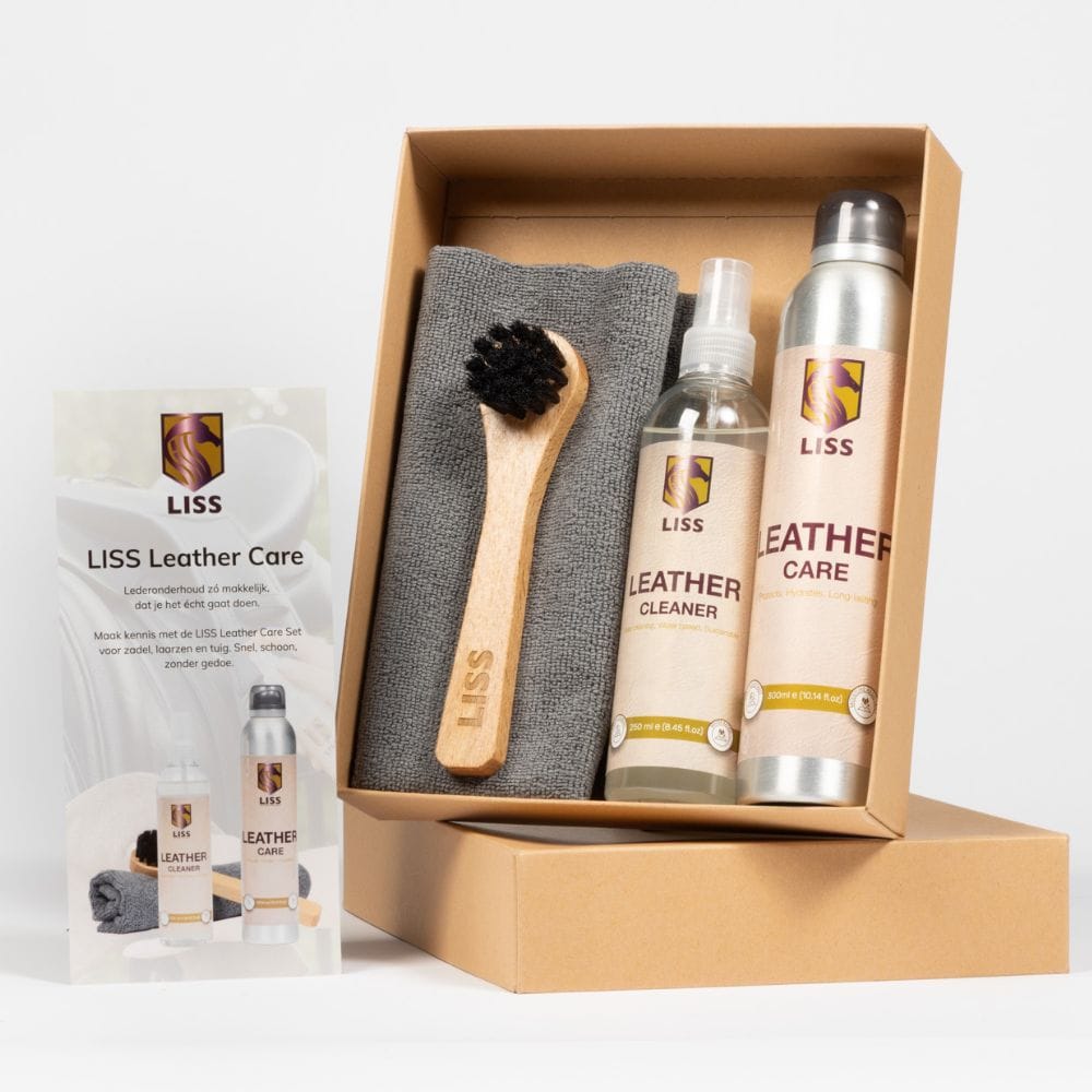Contents of the LISS Leather Care Set: cleaner, care spray, cloth and brush